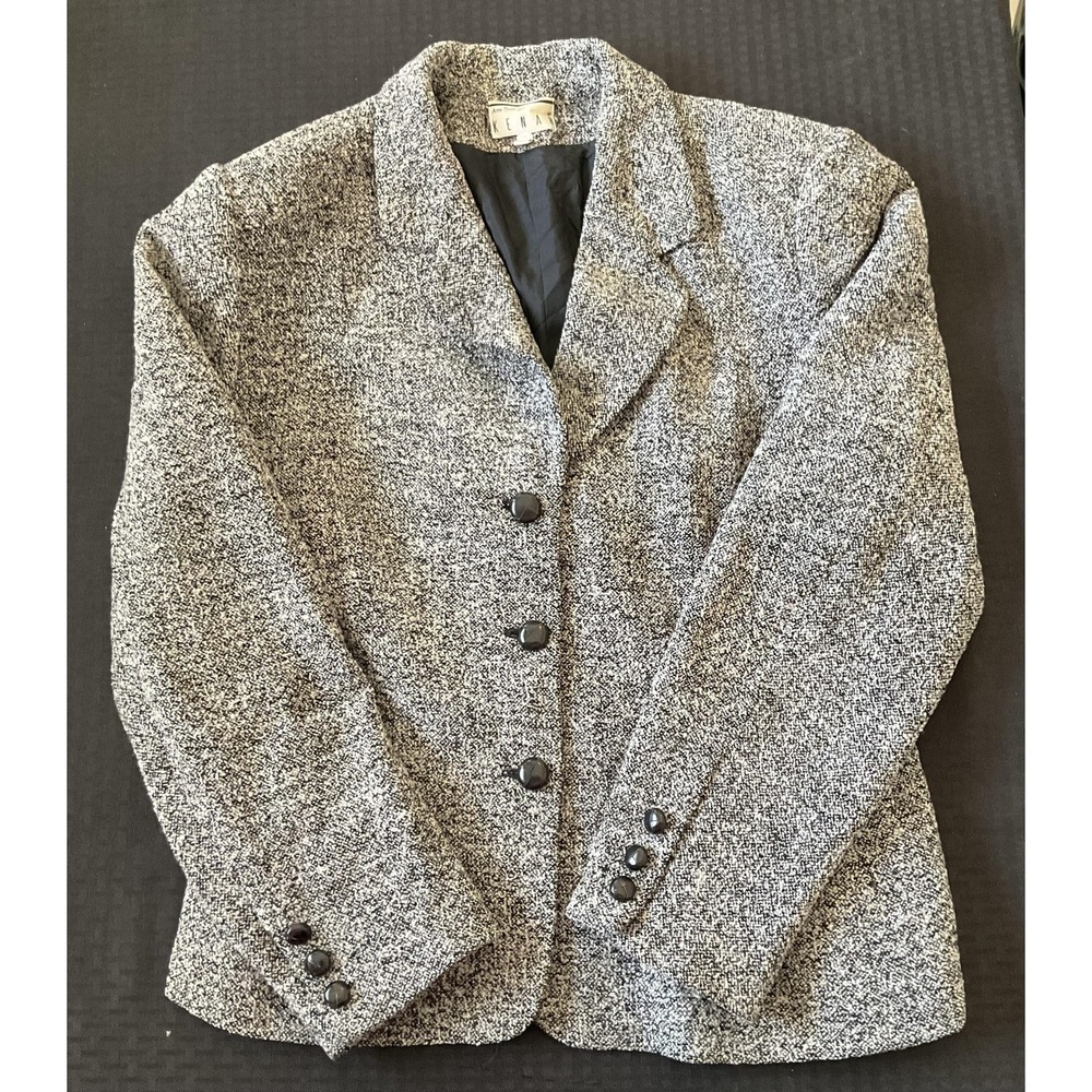 Vintage Kenar Blazer Womens 14 Gray Black Wool Blend Tweed Button Up Jacket 90s